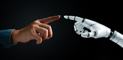 Human and robot hands reaching out to touch. Symbolizes human-AI interaction, futuristic cooperation. Technology and innovation concept. Cybernetic partnership.