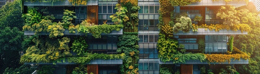 Fototapeta premium Green facade on a highrise apartment, promoting vertical greenery, side view, demonstrating urban sustainability, digital tone, Splitcomplementary color scheme