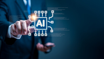 Businessman interacting with AI digital interface. Technology innovation in corporate environment. Artificial intelligence, smart data concept. Future of business technology.