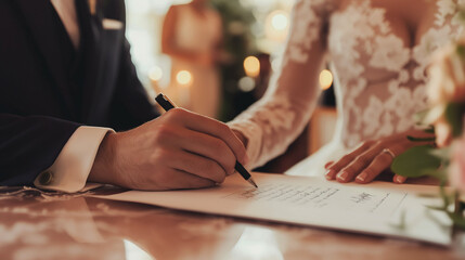 Wedding ceremony, close-up of hands signing the marriage certificate, elegant indoor venue, bright lighting, formal and celebratory mood, wedding attire, certificate and pen on table