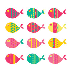 little colored fish set of 12 cute for design items for children isolated on a white background. Beautiful fish for banners, wallpapers, textiles, books, cards, toys for children. flat design. vector