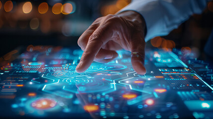 A close-up of a businessman's hand interacting with a touchscreen interface displaying graphs and data charts, highlighting the digital tools and technologies used in corporate environments for