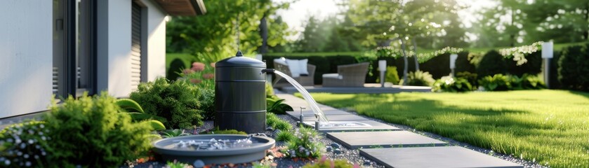 Obraz premium Greywater recycling system in a suburban backyard, efficiently reusing water for irrigation, front view, promoting water conservation, technology tone, Monochromatic Color Scheme