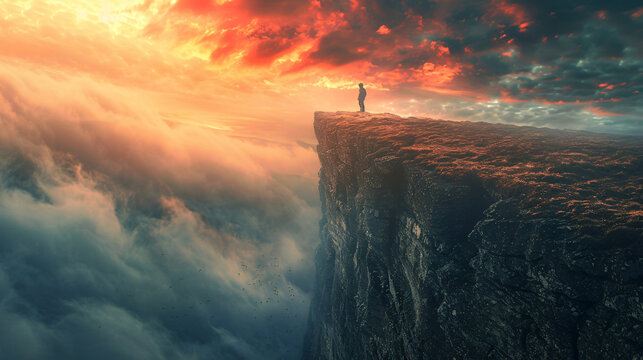 A person stands at the edge of a cliff, staring into the abyss below, with a troubled expression that reflects the depths of their mental worries and uncertainties.