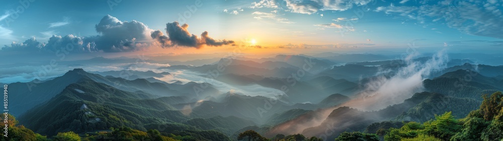 Wall mural scenic view of mountain ranges at sunrise in vietnam - Wall murals