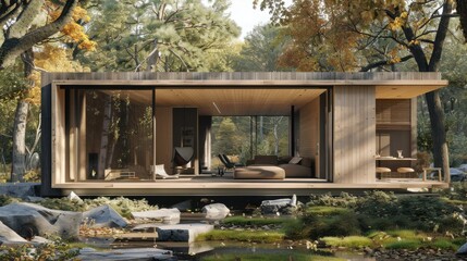 Crosslaminated timber structure in a minimalist cabin