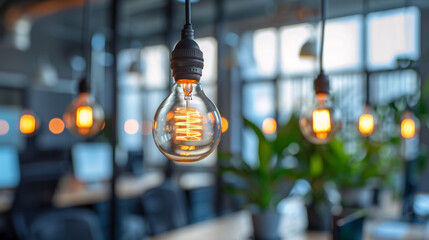 LED light bulbs illuminate a modern office space, symbolizing the transition to energy-efficient lighting solutions in eco-friendly workplaces.