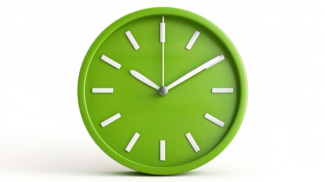 Minimalist green wall clock with black hands isolated on white