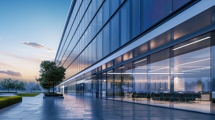 Obraz premium LowE glass windows in a sleek office building, reducing heat gain, side view, illustrating energysaving technology, futuristic tone, Tetradic color scheme