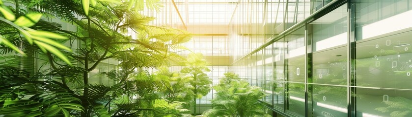Green atrium in a corporate headquarters, integrating nature and workspaces, side view, emphasizing wellness and sustainability, digital binary as object, colored pastel