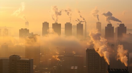 Smoke from heating station in big city during winter season at sunset. Smokestack pipes emitting co2 from coal thermal power plant into atmosphere. Air pollution and emission ecology problem concept