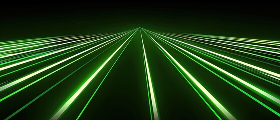Abstract green laser beams converging in a dynamic and futuristic background with dark surroundings and luminous trajectories.