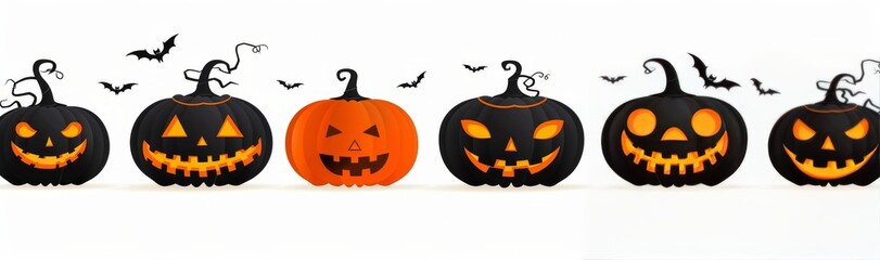 Carved Jack-O-Lantern Pumpkins With Bats For Halloween Decoration