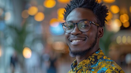 Obraz premium A young man with a warm smile and glasses stands in a brightly lit space. His patterned shirt and dark hair add to the vibrant image.