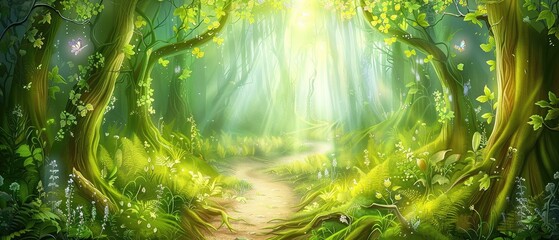 Enchanting forest path bathed in sunlight, surrounded by lush green foliage, creating a magical and serene atmosphere in nature.