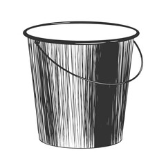 Sketch style bucket. Black and white engraved illustration with black pail isolated on white background