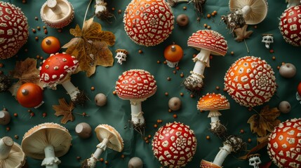 Artistic Composition of Red Mushrooms and Autumn Elements on Green