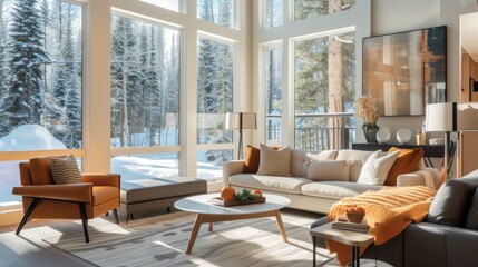 A contemporary living room with comfortable decor, including a cozy sofa