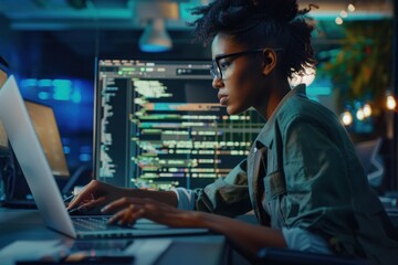 Female coder working on multiple monitors