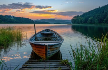 Obraz premium A Small Boat Docked at a Lake During Sunset