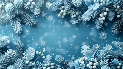 Winter wonderland background with frosted pine branches and berries, snowflakes falling on blue.