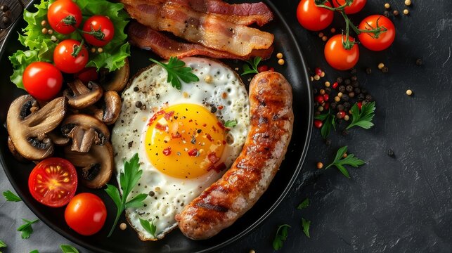 A hearty breakfast platter with fried egg, sausage, bacon, mushrooms, and cherry tomatoes.