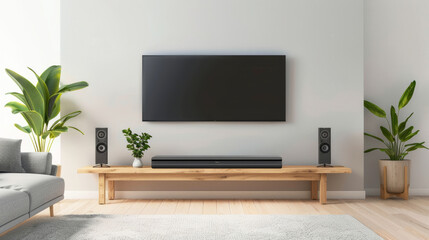 Sleek entertainment setup with plants in modern home