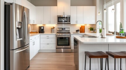 Fototapeta premium A kitchen with modern appliances, including a sleek refrigerator, stove, and microwave