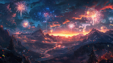 Fototapeta premium Majestic mountain landscape illuminated by vibrant fireworks in a stunning night sky, creating a magical and festive atmosphere.