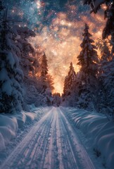 Snowy Forest Path Under a Starry Sky at Sunset