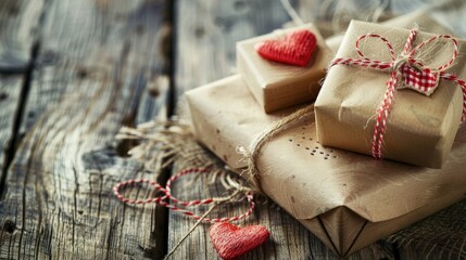 Vintage style Valentine s Day gifts on wooden backdrop