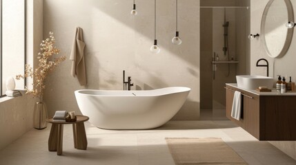 A modern bathroom with a clean design, featuring a sleek bathtub, stylish fixtures, and minimalist decor
