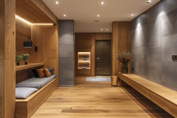 Modern Wooden Entryway With Bench and Storage in a Mountain Home