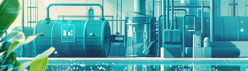 Obraz premium Water recycling system in an urban building, advanced greywater treatment, side view, illustrating water sustainability, digital binary as object, colored pastel