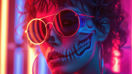 Neon-lit portrait of a person with skeleton face paint and round sunglasses, exuding a futuristic, vibrant, and edgy atmosphere.