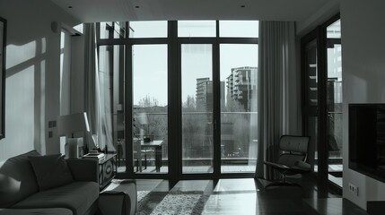 Recycled glass windows in a sleek apartment, stylish and sustainable design, side view, highlighting ecoconscious materials, technology tone, Monochromatic Color Scheme