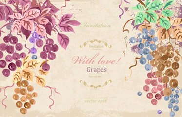banner with colorful clusters of grapes with leaves against grun