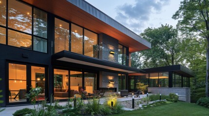 Obraz premium Energyefficient glazing in a modern home, maximizing natural light, side view, showcasing sustainable architecture, futuristic tone, Tetradic color scheme