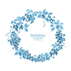 card with monochrome blue wreath of bunches of grapes with leave