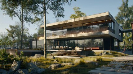 Energyefficient glazing in a modern home, maximizing natural light, side view, showcasing sustainable architecture, futuristic tone, Tetradic color scheme