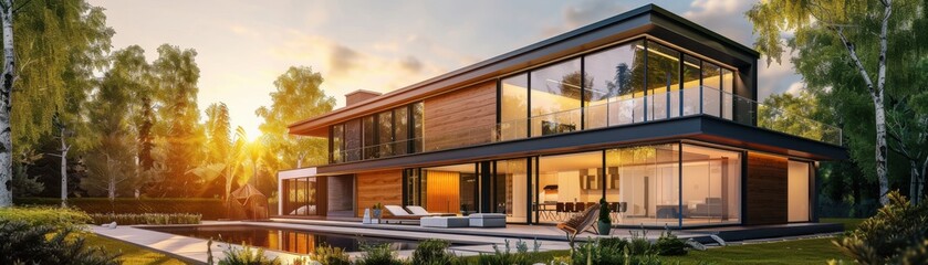 Fototapeta premium Energyefficient glazing in a modern home, maximizing natural light, side view, showcasing sustainable architecture, futuristic tone, Tetradic color scheme