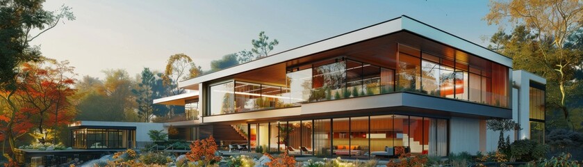 Obraz premium Energyefficient glazing in a modern home, maximizing natural light, side view, showcasing sustainable architecture, futuristic tone, Tetradic color scheme