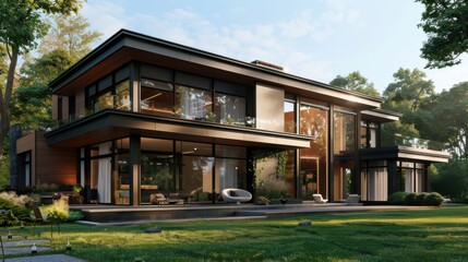 Fototapeta premium LowE glass windows in a contemporary home, maximizing energy efficiency, front view, highlighting advanced glazing technology, advanced tone, vivid