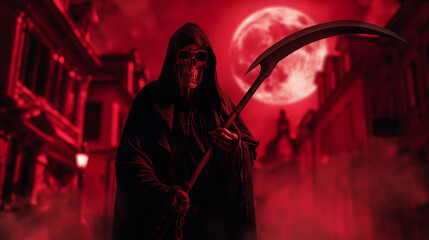red twilight cinetic Halloween concept,the reaper holding a sycyhe