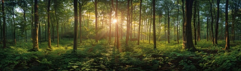 Obraz premium Sunlight Filtering Through Tall Trees in a Lush Green Forest at Dawn