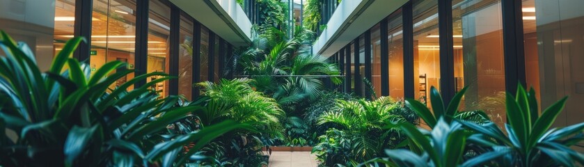 Fototapeta premium Green atrium in an urban building, lush indoor garden, front view, promoting biophilic design, cybernetic tone, Triadic Color Scheme