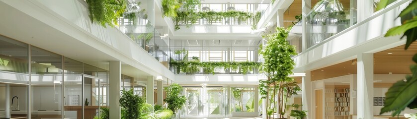 Fototapeta premium Green atrium in a corporate headquarters, integrating nature and workspaces, side view, emphasizing wellness and sustainability, digital binary as object, colored pastel