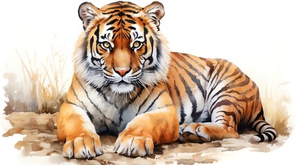 Obraz premium Watercolor painting of a majestic tiger resting in the grass.