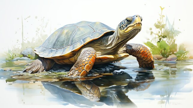 A watercolor painting of a sea turtle swimming in the ocean.