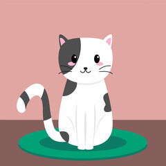 cute cat sitting in the room illustration with a carpet as a mat